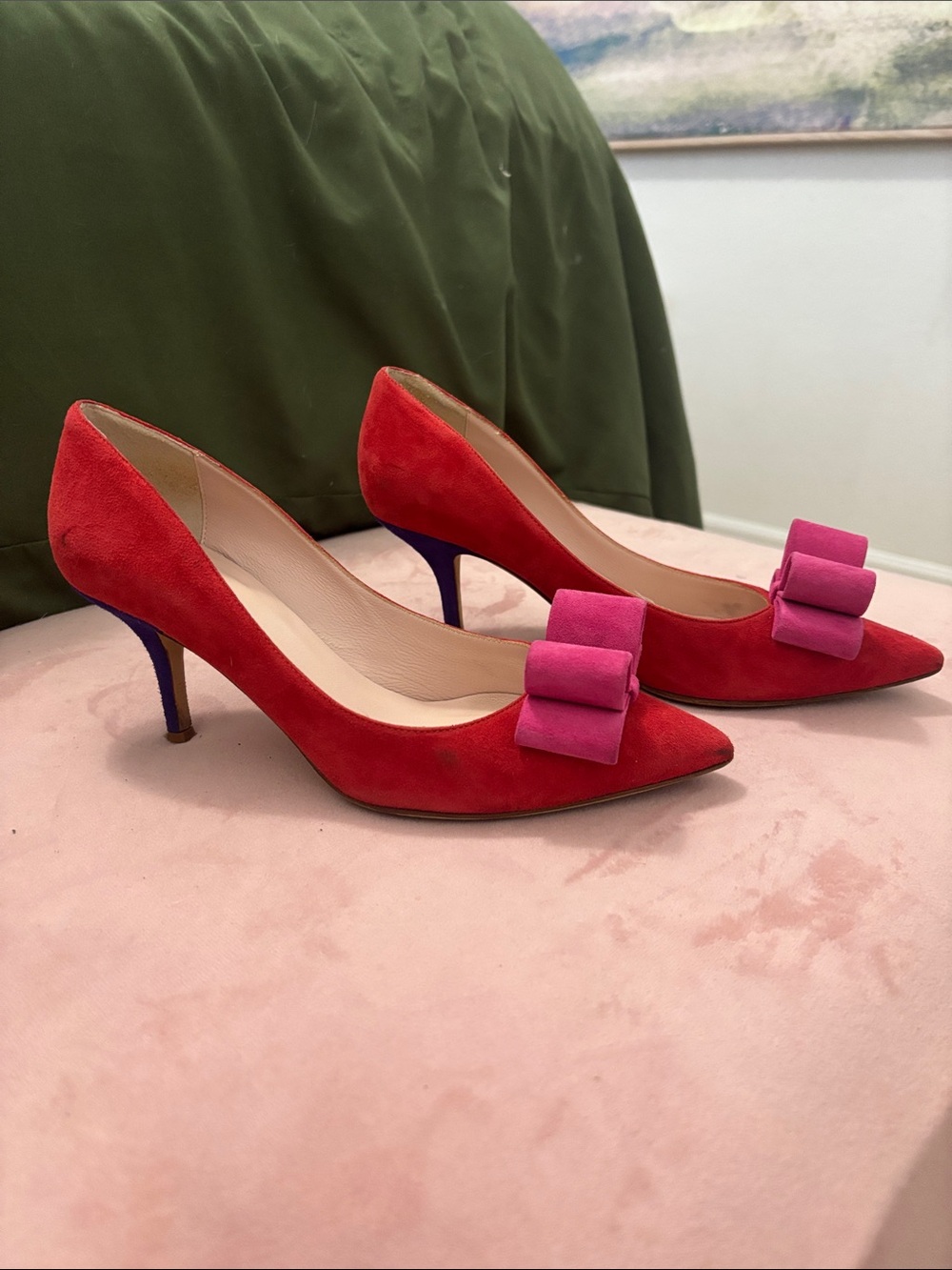 kate spade Red Suede Pointed-Toe Pumps with Pink Bow Accent - Picture 2 of 4